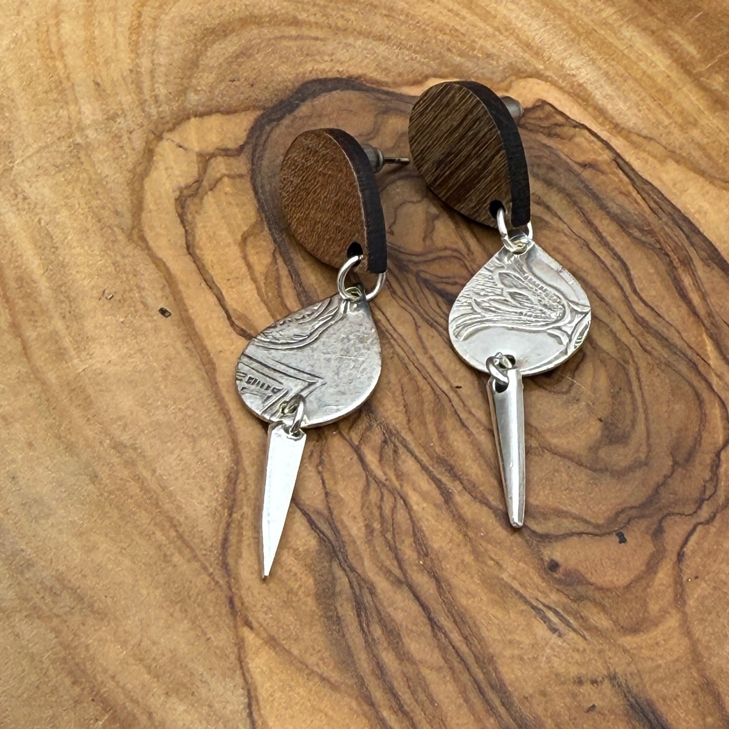 Silver Tray and Fork Tine Earrings with Wooden Studs