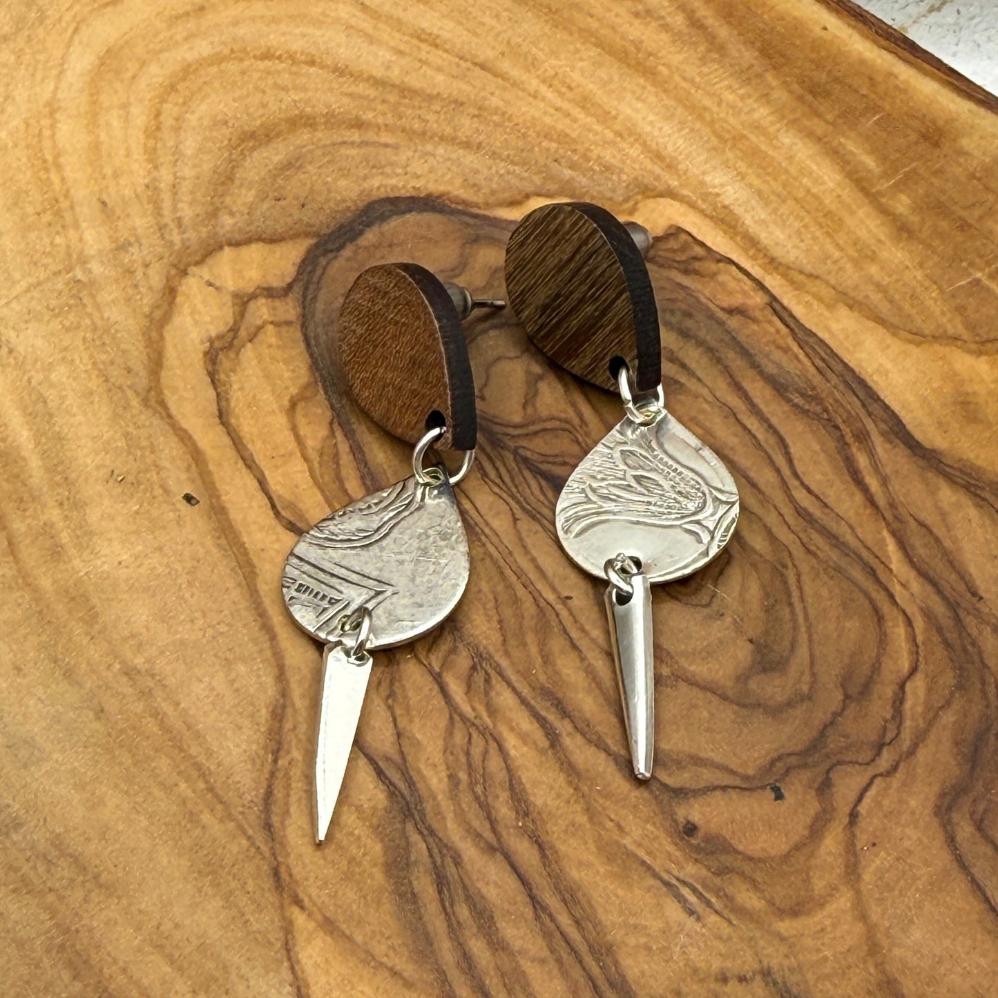 Silver Tray and Fork Tine Earrings with Wooden Studs