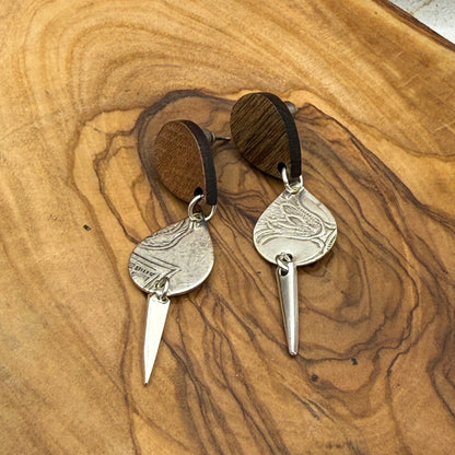 Silver Tray and Fork Tine Earrings with Wooden Studs