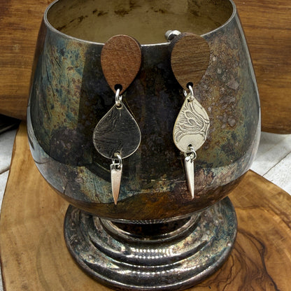 Silver Tray and Fork Tine Earrings with Wooden Studs