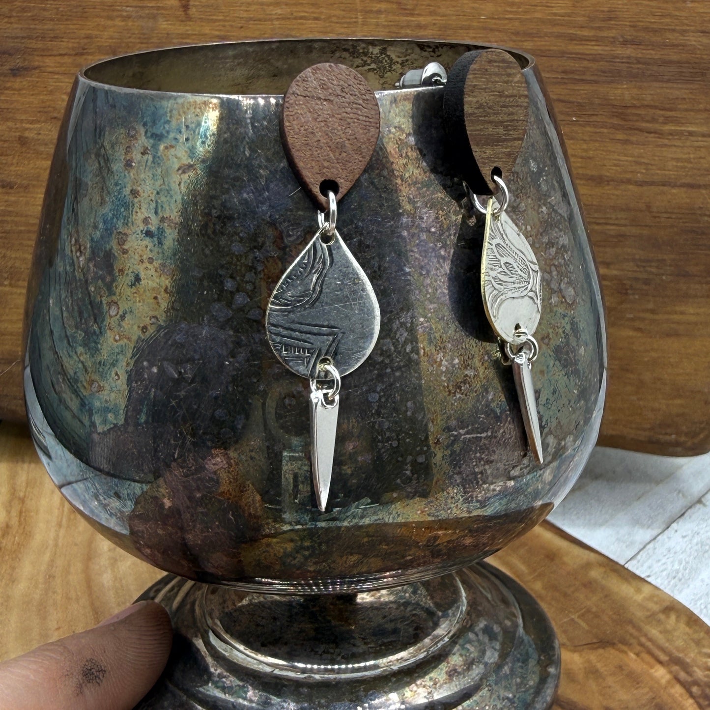 Silver Tray and Fork Tine Earrings with Wooden Studs