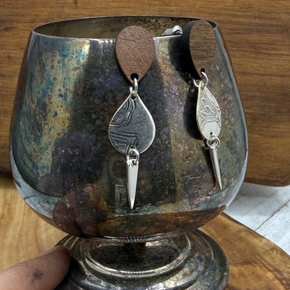 Silver Tray and Fork Tine Earrings with Wooden Studs