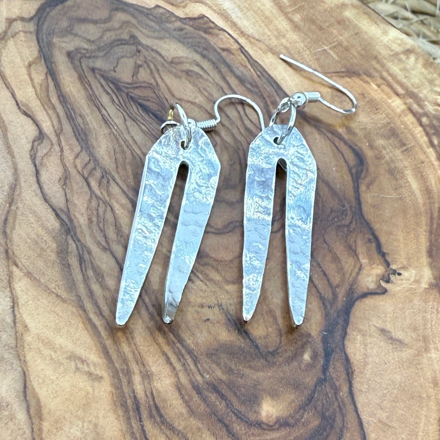Silver Dangle Fork Tine Earrings - Hammered finish