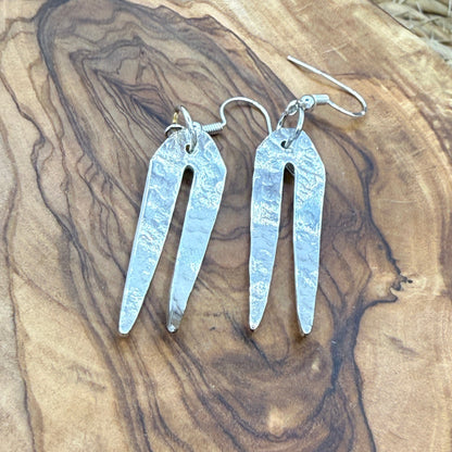 Silver Dangle Fork Tine Earrings - Hammered finish