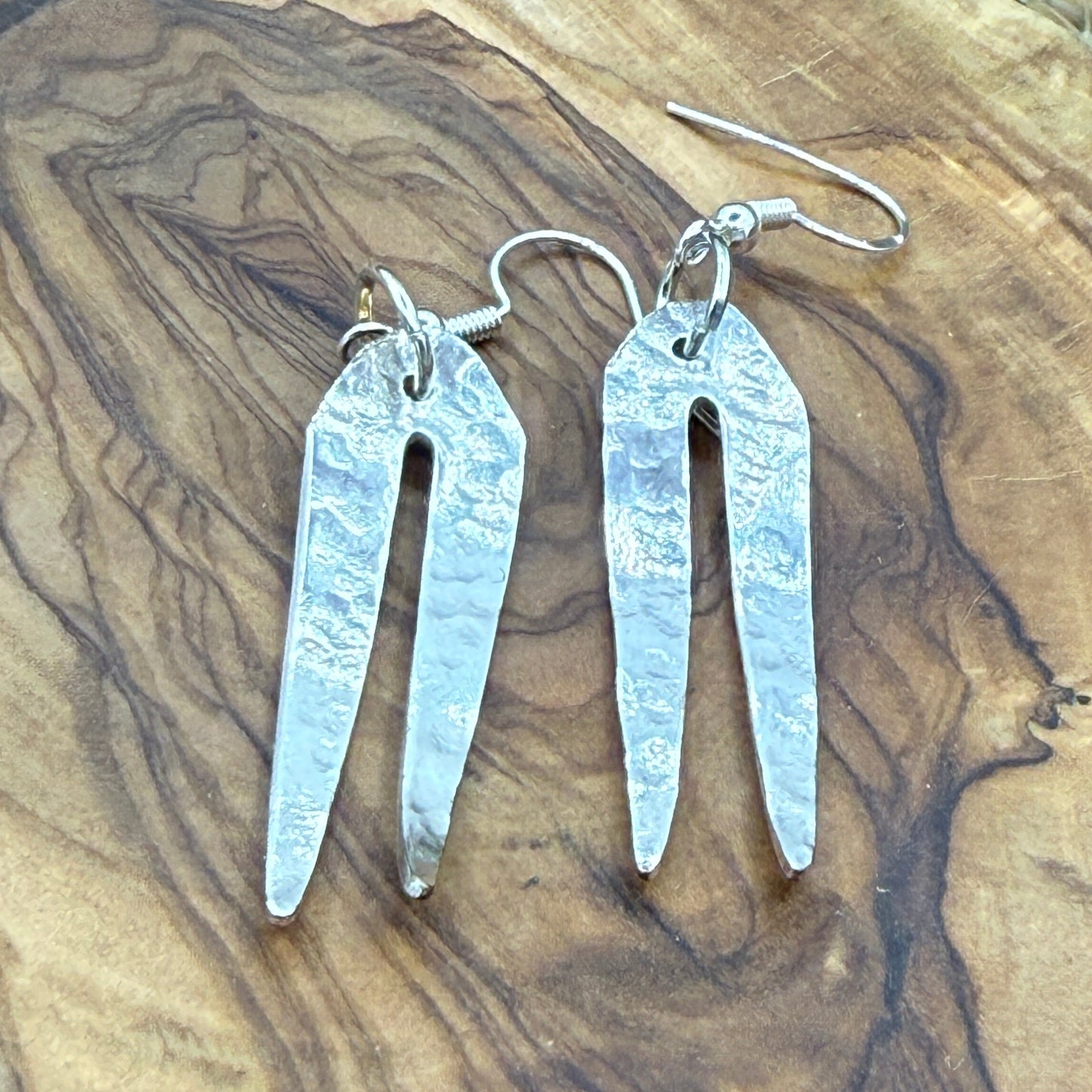Silver Dangle Fork Tine Earrings - Hammered finish