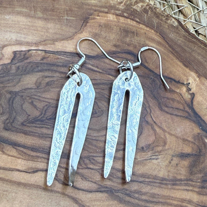 Silver Dangle Fork Tine Earrings - Hammered finish