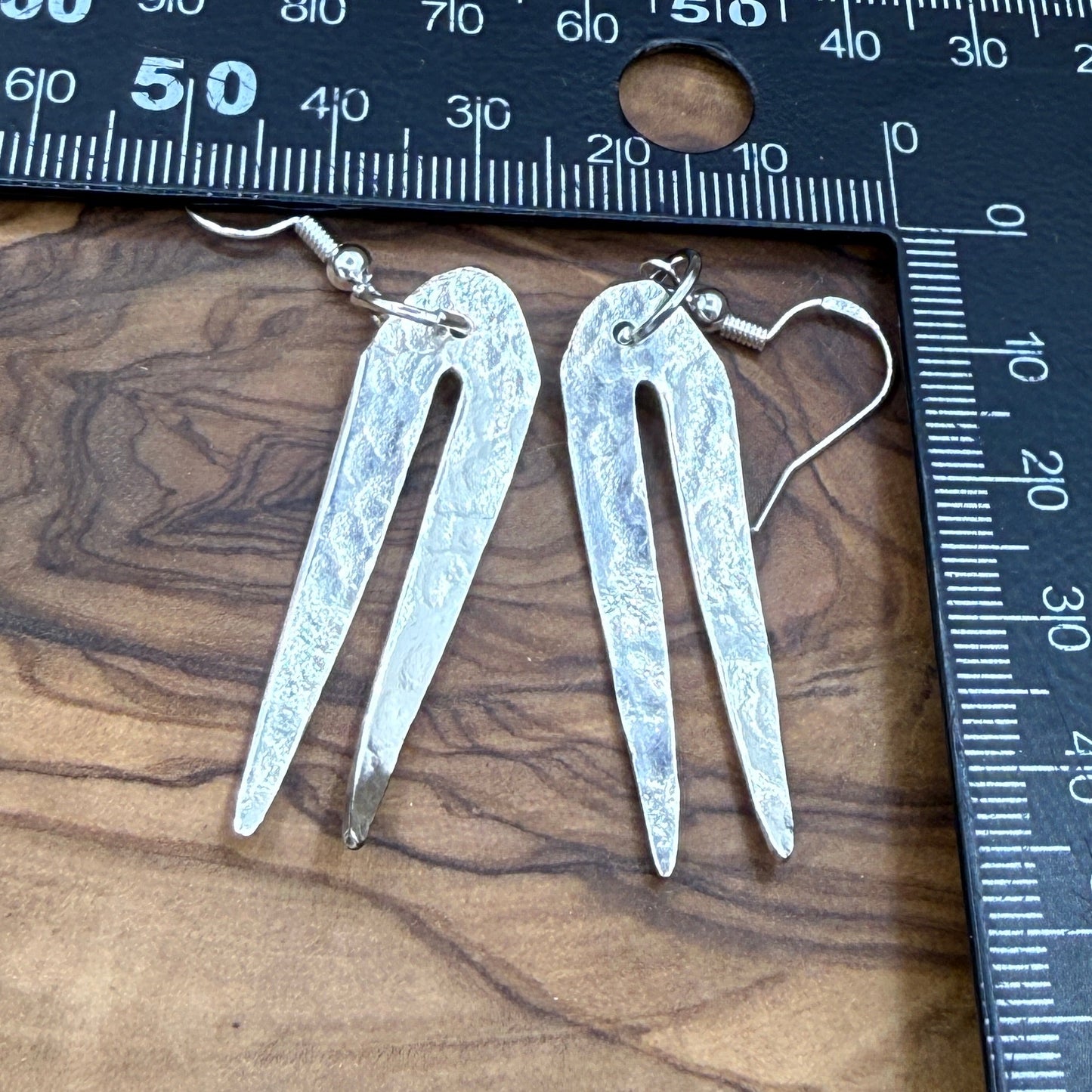 Silver Dangle Fork Tine Earrings - Hammered finish