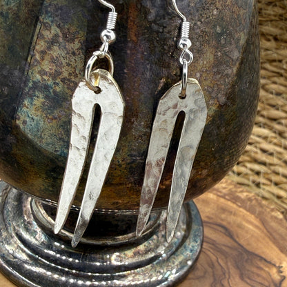 Silver Dangle Fork Tine Earrings - Hammered finish