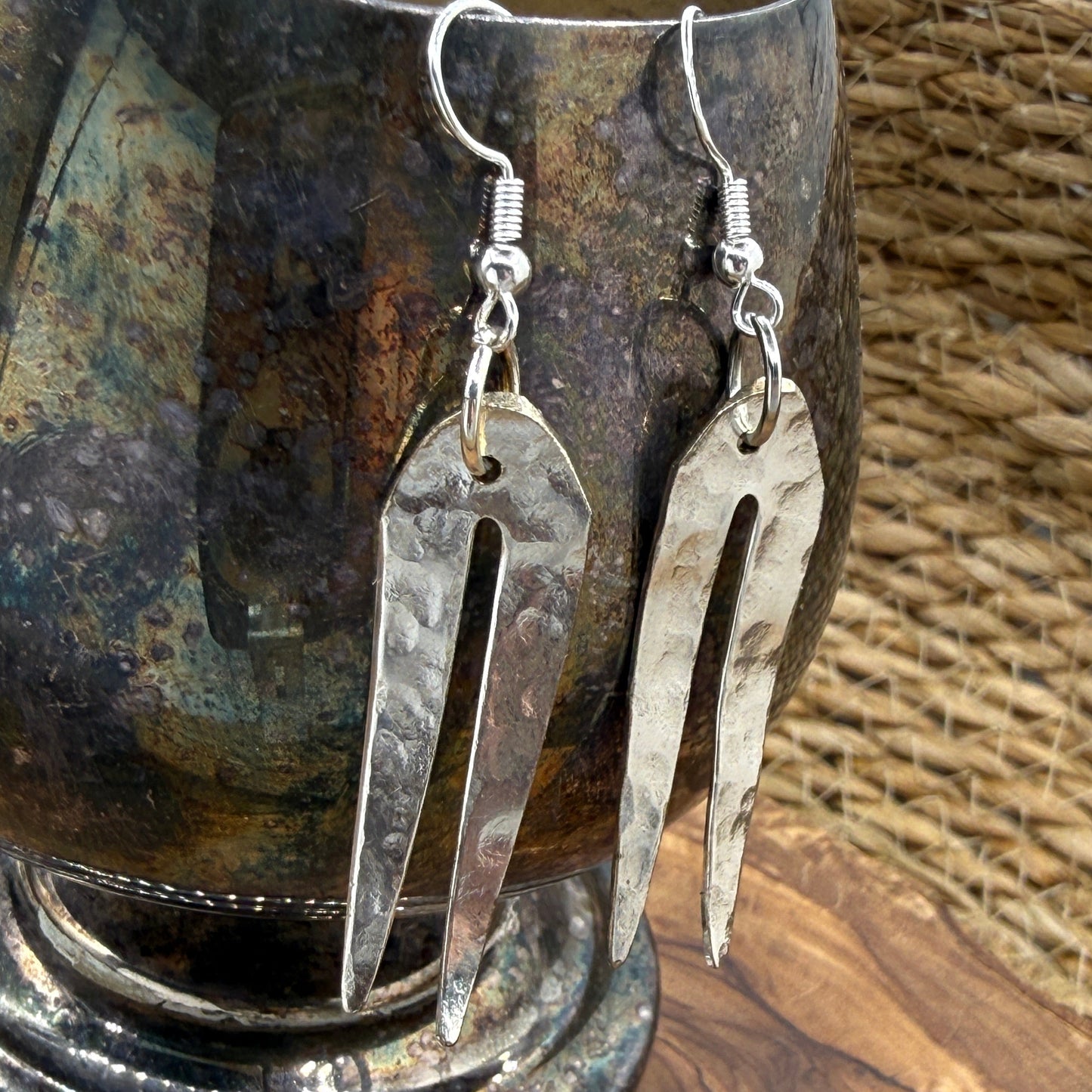 Silver Dangle Fork Tine Earrings - Hammered finish