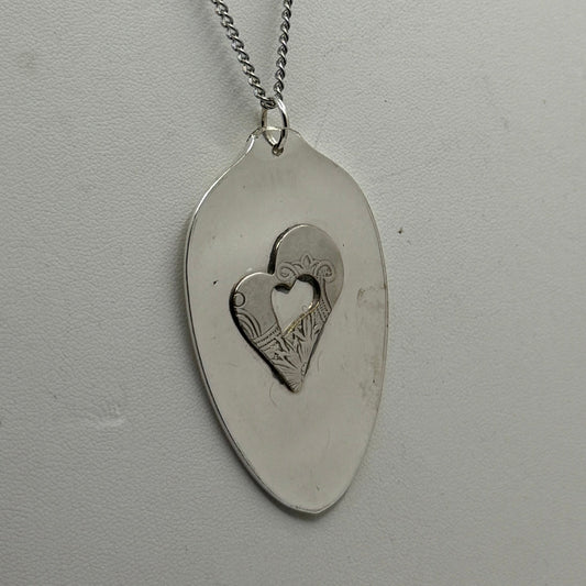 Silver Heart Pendant on Flattened Silver Spoon Bowl on Strong Stainless Steel Chain