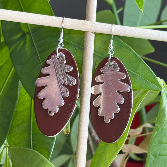 Silver and Leather Leaf Dangle Earrings