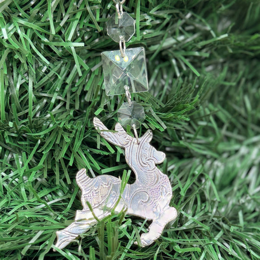 Silver Reindeer Christmas Tree Ornament Made from Antique Silver Trays