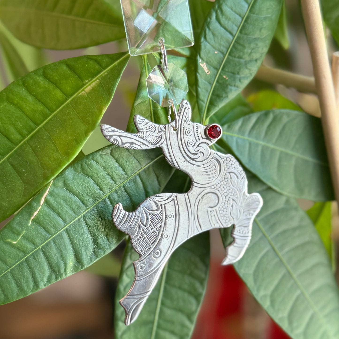 Silver Reindeer Rudolf Christmas Tree Ornament Made from Antique Silver Trays