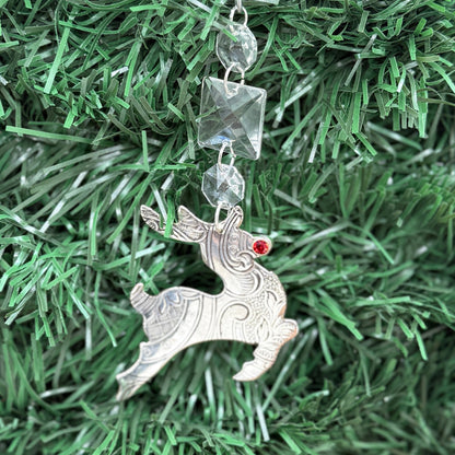 Silver Reindeer Rudolf Christmas Tree Ornament Made from Antique Silver Trays
