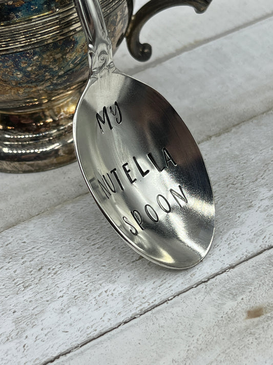 Nutella Spoon with "My Nutella Spoon" hand stamped on the bowl of an antique silver plated spoon