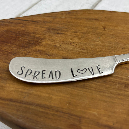 Unique Silver Butter or Spreader Knife, Hand stamped from vintage silver plated butter knife with Spread Love on it. Unique host, wedding or housewarming gift