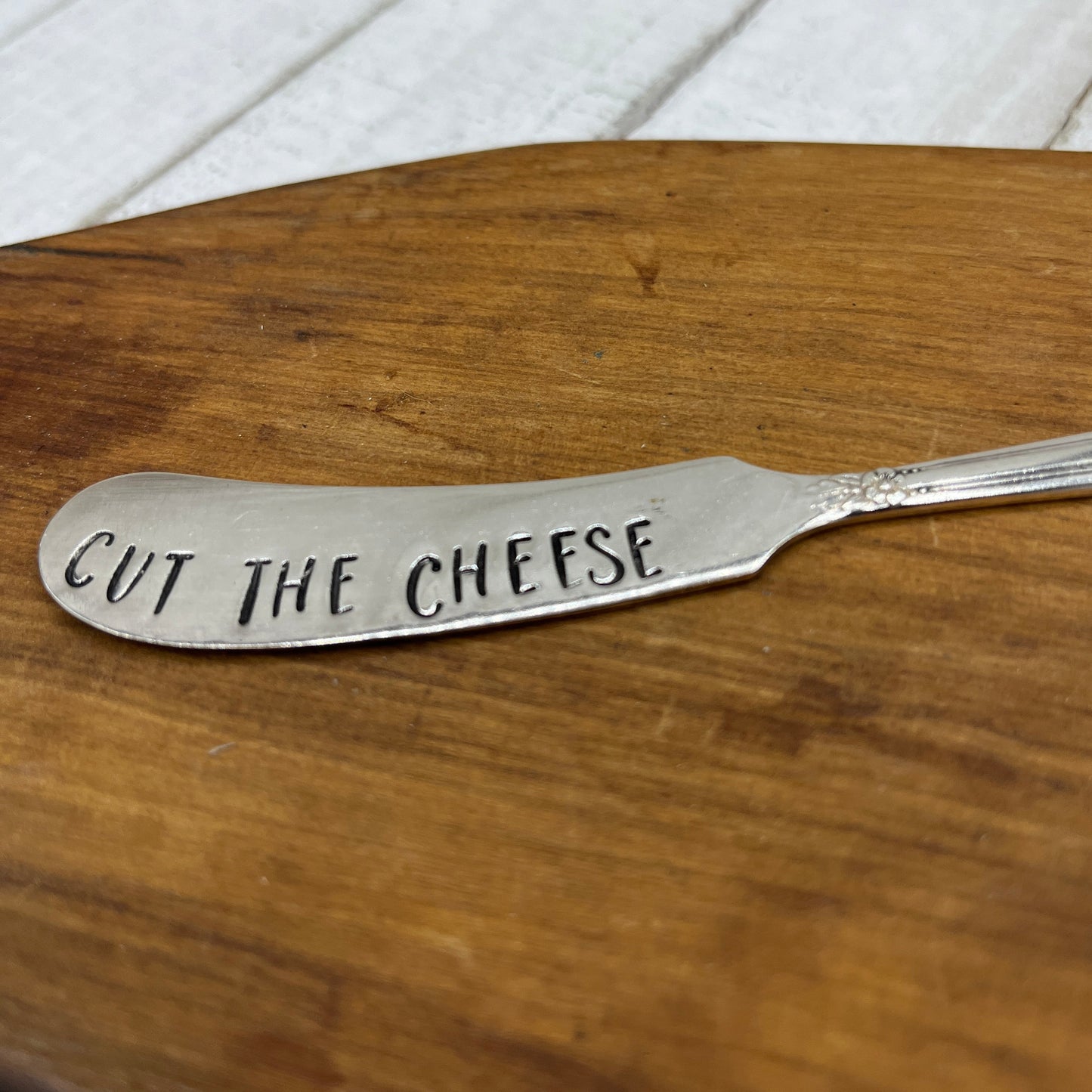 Unique Silver Butter, Cheese or Spreader Knife, Hand stamped from vintage silver plated butter knife with "Cut the Cheese" hand stamped on it. Unique host, wedding or housewarming gift