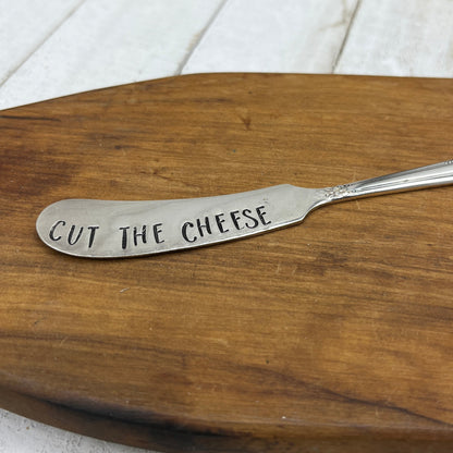 Unique Silver Butter, Cheese or Spreader Knife, Hand stamped from vintage silver plated butter knife with "Cut the Cheese" hand stamped on it. Unique host, wedding or housewarming gift