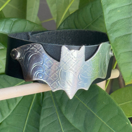 Silver and Leather Bat Bracelet
