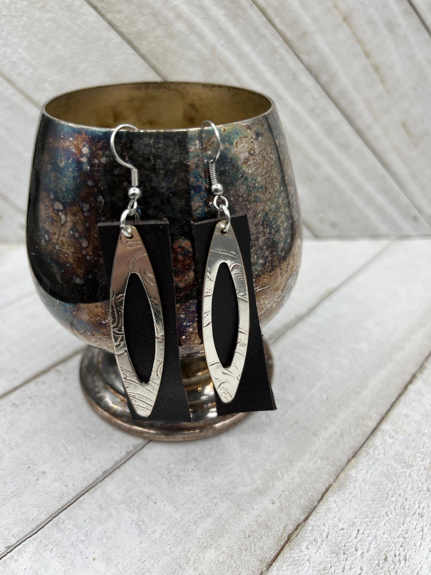 Leather Silver Tray Dangle, Drop Earrings