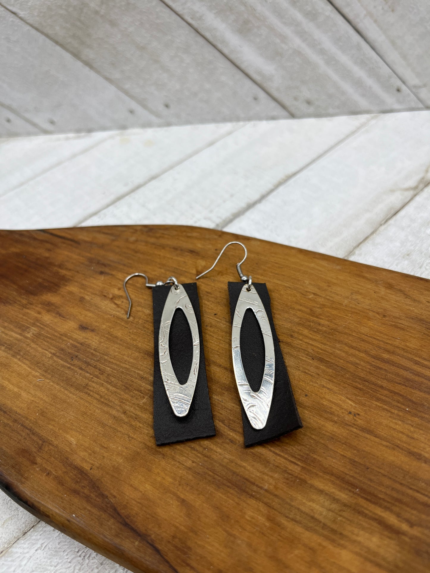 Leather Silver Tray Dangle, Drop Earrings