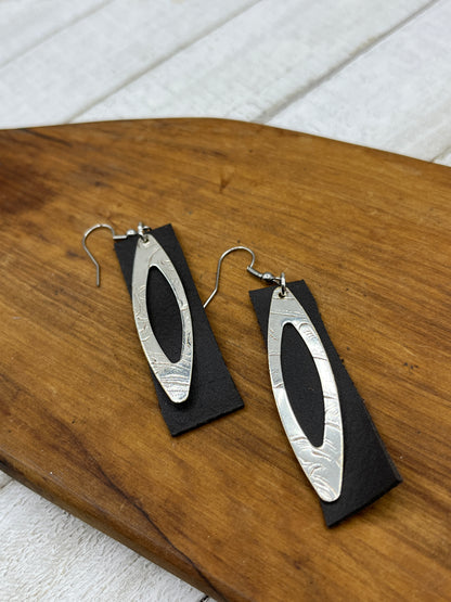 Leather Silver Tray Dangle, Drop Earrings