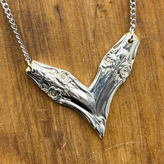 Silver Heart Pendant Necklace Handmade from Vintage and Antique Silver Plated Spoon and Fork Ends