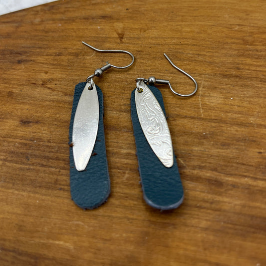 Leather Silver Tray Dangle, Drop Earrings