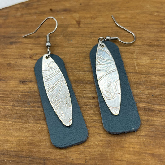 Leather Silver Tray Dangle, Drop Earrings