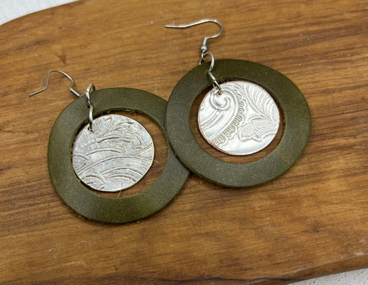 Silver and Leather Round/Circle Drop Earrings Made from Vintage Silver Plated Trays and Repurposed Leather, Unique Gift for her