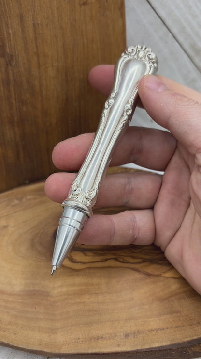 Silver pen made from antique hollow knife handles - Black ink - Reusable