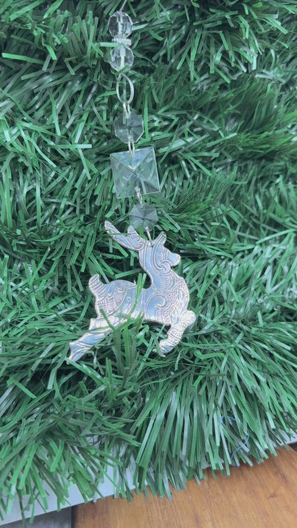 Silver Reindeer Christmas Tree Ornament Made from Antique Silver Trays