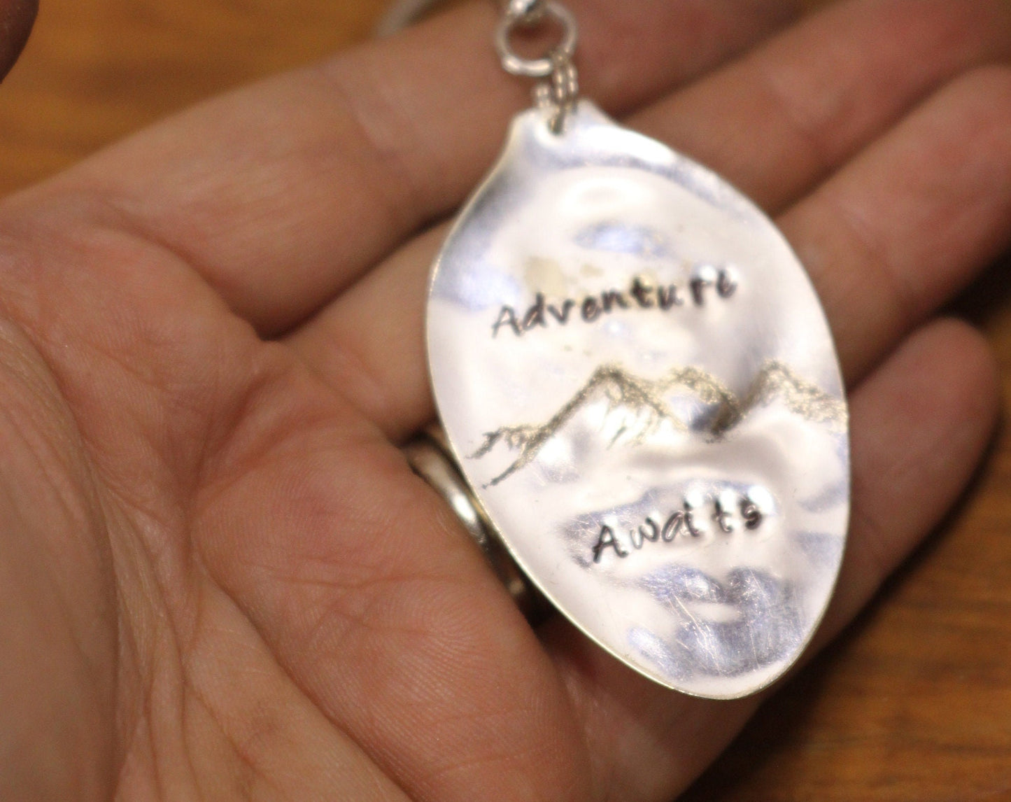 Handcrafted Adventure Awaits Keychain, Silver Keychain, Hand etched metal keychain
