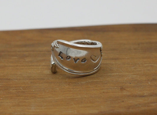 Silver Wrap Ring made from Vintage Spoon Handle with “Love” hand stamped, Silverware Jewelry, Silver Spoon Ring, Gift for her, Gift for wife