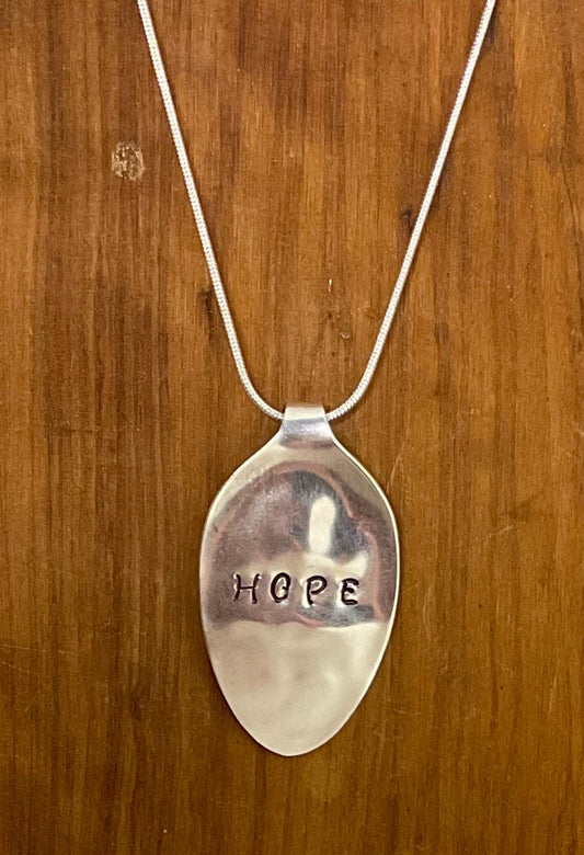 Silver Necklace Pendant made from the bowl of an antique/vintage spoon with the word HOPE stamped on, Silverware Jewelry, Silver Necklace,