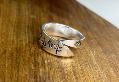 Silver Wrap Ring made from Vintage Silver plated fork tine with trees and mountains hand stamped around, Silverware Jewelry, Spoon ring,