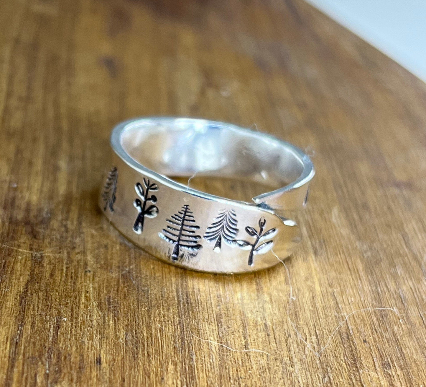 Silver Wrap Ring made from Vintage Silver plated fork tine with trees and mountains hand stamped around, Silverware Jewelry, Spoon ring,
