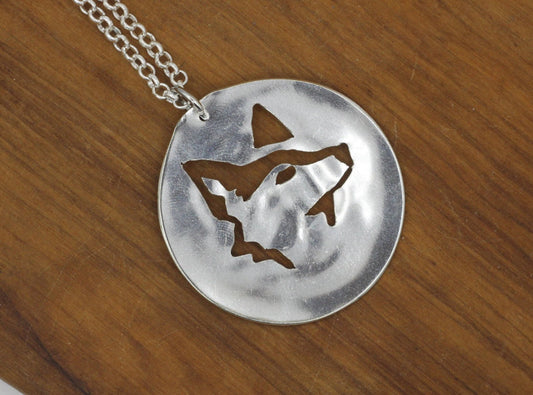 Silver Necklace with Wolf Pendant made from repurposed silverware, Spoon Jewellery, Silverware Jewelry