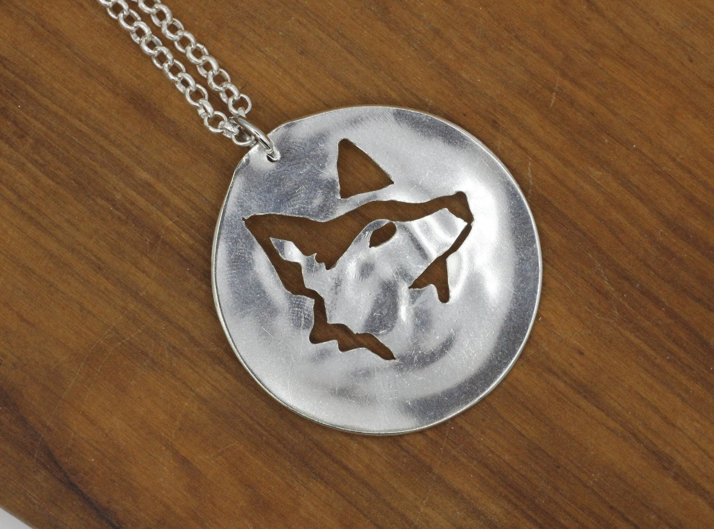 Silver Necklace with Fox, Wolf, Dog Pendant Handmade from repurposed silverware, Silverware Jewelry, Unique birthday gift for him or her.