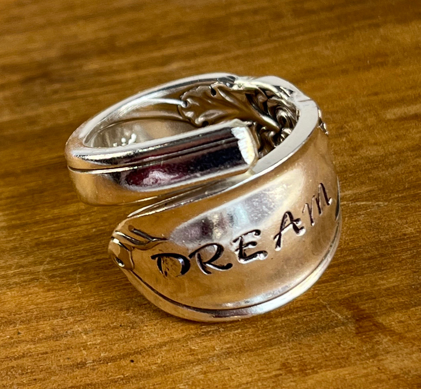 Silver Wrap Ring made from Vintage Spoon Handle with “Dream” hand stamped, Silverware Jewelry, Silver Spoon Ring for her,