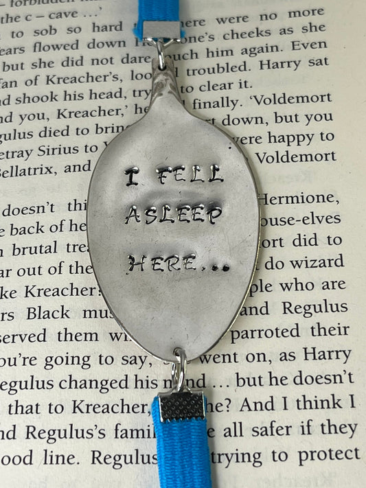 Spoon Metal Bookmark on elastic cord made from a Vintage Spoon with I Fell Asleep Here quote | Gift for Book lover, Unique Teacher Gift