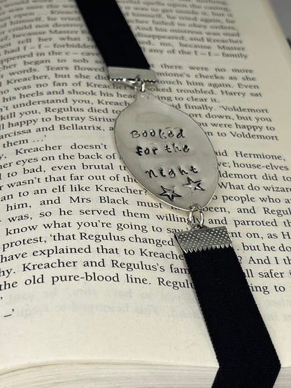 Spoon Metal Bookmark on elastic cord made from a Vintage Spoon with Booked for the Night quote | Gift for Book lover, Unique Teacher Gift