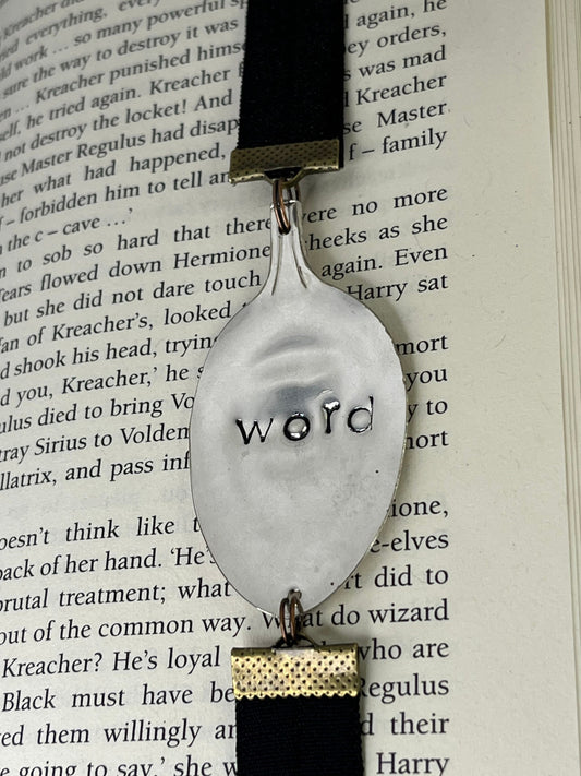Spoon Metal Bookmark on elastic cord made from a Vintage Spoon with “Word” quote | Gift for Book lover, Unique Teacher Gift