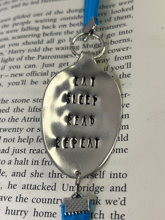 Spoon Metal Bookmark on elastic cord made from a Vintage Spoon with “Eat, Sleep, Read, Repeat” quote | Gift for Book lover, Teacher Gift