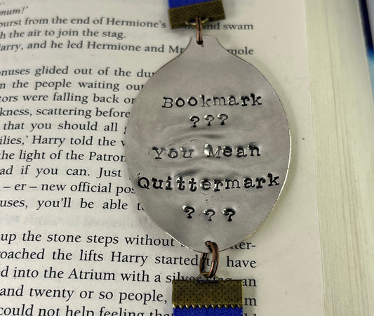 Silver Spoon Bookmark on elastic cord with “Bookmark? You Mean Quittermark” quote
