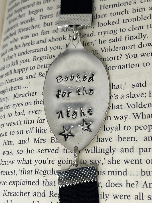 Spoon Metal Bookmark on elastic cord made from a Vintage Spoon with Booked for the Night quote | Gift for Book lover, Unique Teacher Gift