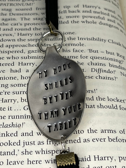 Spoon Metal Bookmark on elastic cord made from a Vintage Spoon with “My Book Smells Better than your Tablet” quote | Gift for Book lover,