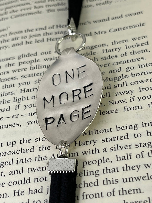 Spoon Metal Bookmark on elastic cord made from a Vintage Spoon with “ ONE MORE PAGE” quote | Gift for Book lover,