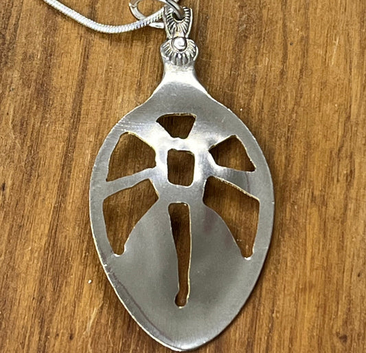 Silver Pendant, Hand cut Dragonfly spoon bowl pendant, silver necklace, spoon pendant, bug necklace, pine tree