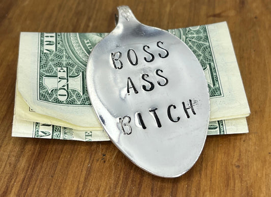 Unique Hand Stamped Metal Money Clip Made from Antique Vintage Silver Plated Spoon. Silverware Jewelry. Unique Gift for him, dad, son, boss